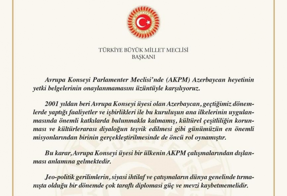 TBMM sədri AŞPA-nın Azərbaycan nümayəndə heyətinin etimadnaməsinin təsdiqlənməməsi ilə bağlı qətnaməsinə münasibət bildirib