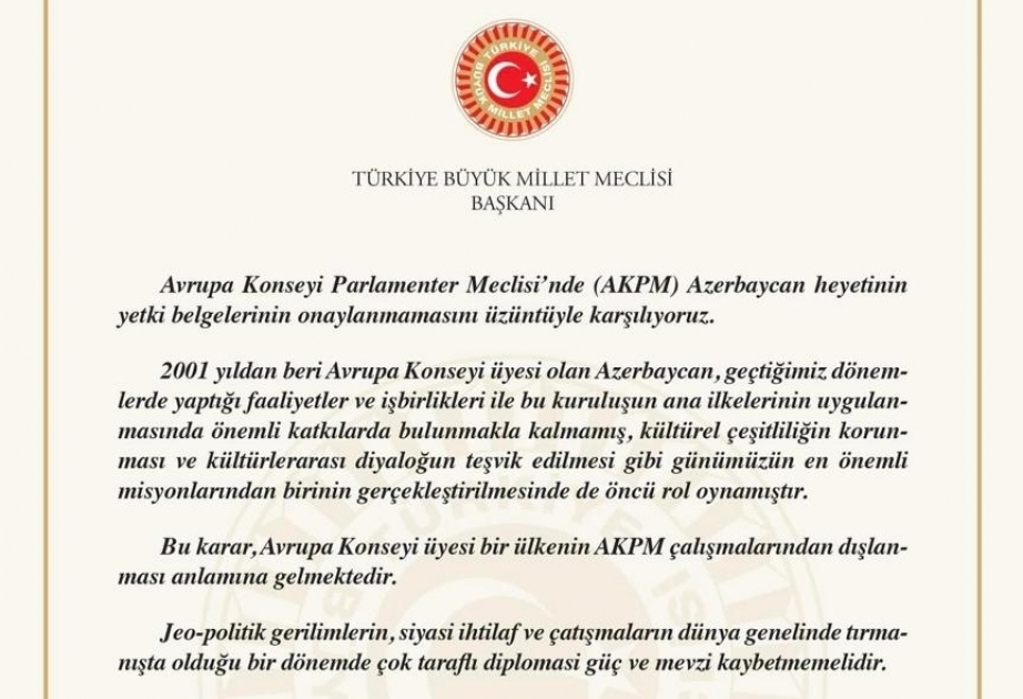 El Presidente de la Gran Asamblea Nacional de Türkiye hizo una declaración en relación con la resolución adoptada por la PACE sobre el rechazo a ratificar las credenciales de la delegación de Azerbaiyán