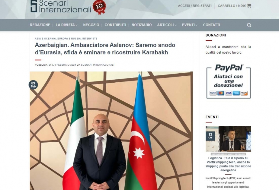 Azərbaycan səfiri İtaliya portalına müsahibəsində ölkəmizin gələcək planlarından danışıb