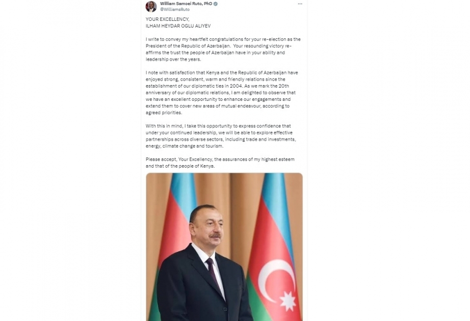 Presidente de Kenia felicita a Ilham Aliyev por su victoria en las elecciones presidenciales