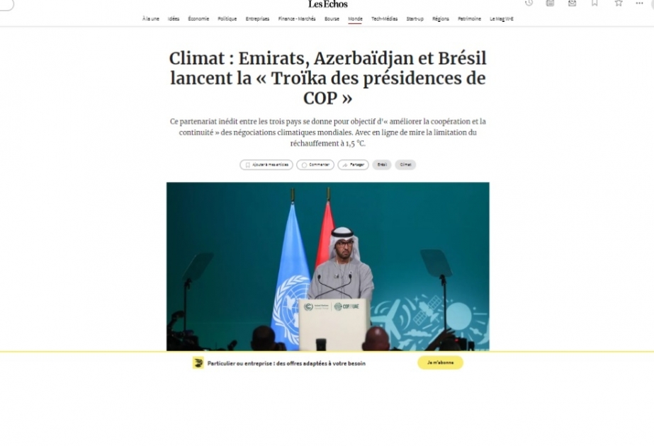 Les Echos: Bakıda keçiriləcək COP29 inkişaf etmiş və inkişaf etməkdə olan dünya arasında körpü qurucusu olacaq
