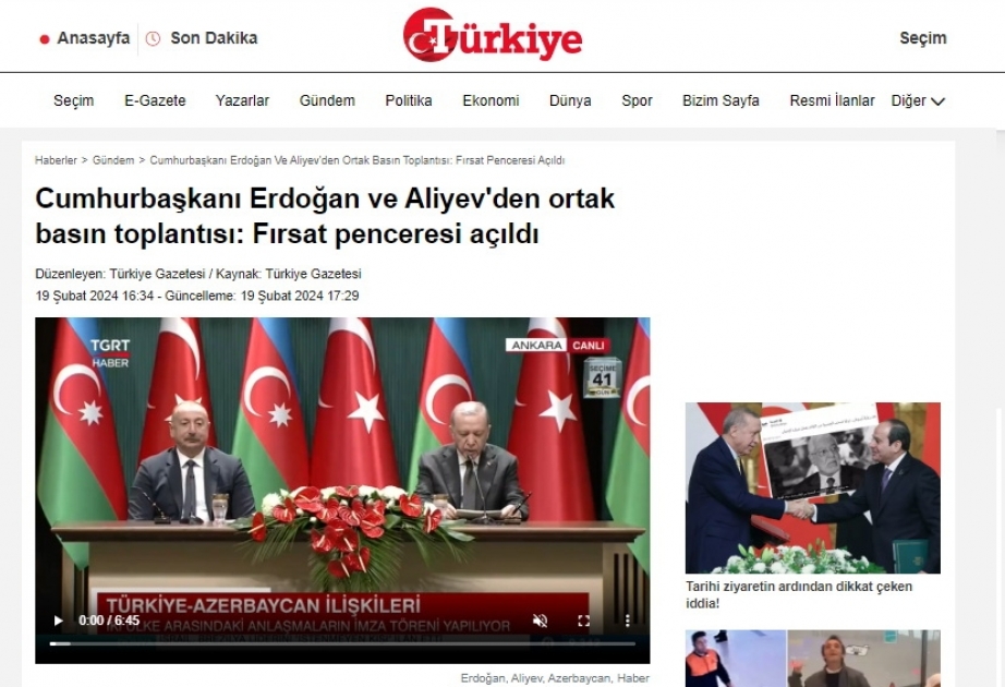 Türkiyə mətbuatı Prezident İlham Əliyevin rəsmi səfərini diqqət mərkəzində saxlamaqda davam edir