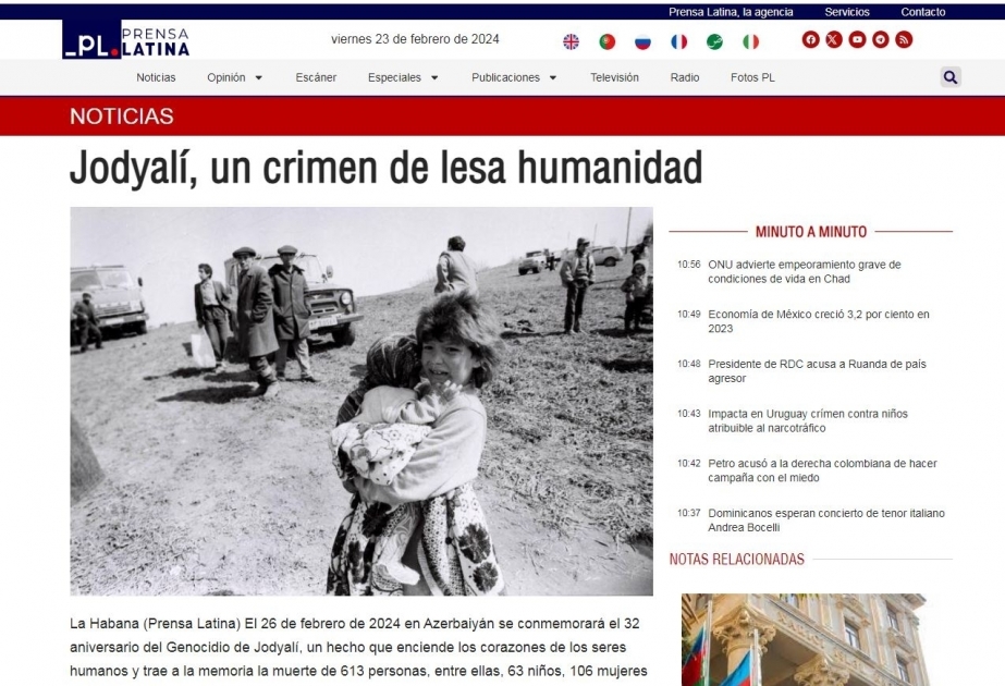 На кубинском сайте опубликована статья под названием «Ходжалы – преступление против человечности»