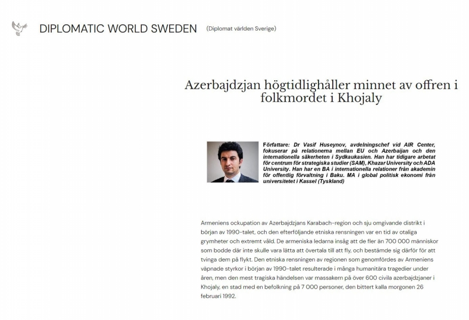 В Швеции опубликована статья о Ходжалинском геноциде