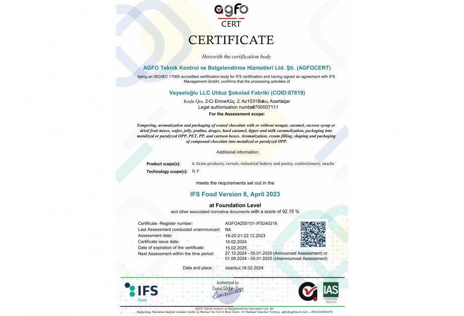“Ulduz” Şokolad Fabriki yüksək dərəcəli beynəlxalq “IFS FOOD” Version 8 sertifikatına layiq görülüb