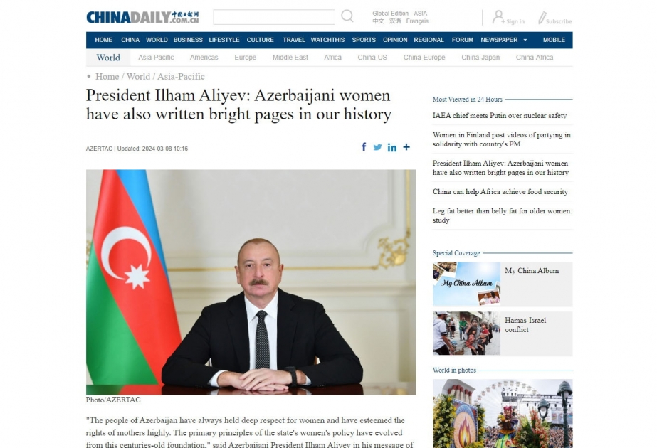 “China Daily” qəzeti Prezident İlham Əliyevin Azərbaycan qadınlarına təbrikindən yazıb