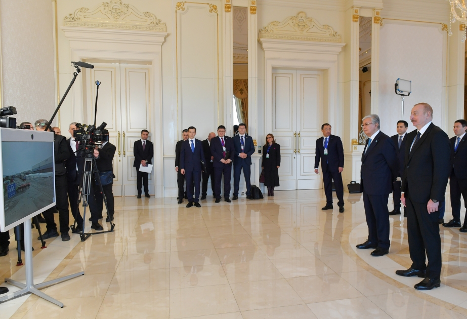 Presidents of Azerbaijan and Kazakhstan watched the ceremony marking the arrival of container train from China's Xi'an terminal to Baku's Absheron station via a video link VIDEO