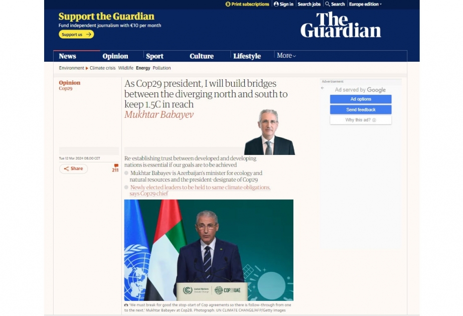 COP29-un prezidenti Muxtar Babayev “The Guardian” nəşrinə müsahibə verib