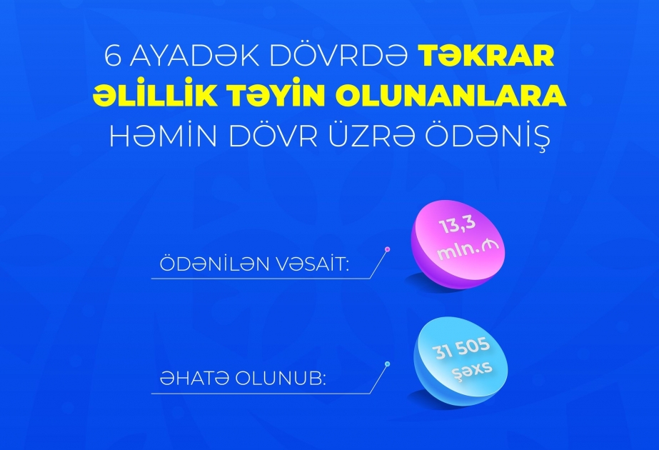 6 ayadək dövr ərzində təkrar əlillik təyin olunmuş 31,5 min şəxsə həmin dövr üzrə 13,3 milyon manatdan çox vəsait ödənilib