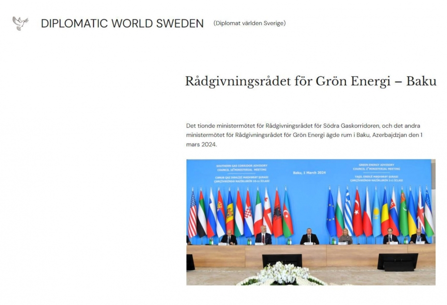 В шведском интернет-издании Diplomatic World Sweden опубликована статья «Консультативный совет по зеленой энергии – Баку»