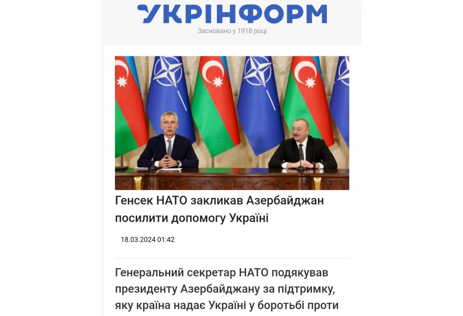 Ukrainian media: NATO Secretary General welcomes Azerbaijan’s support to Ukraine