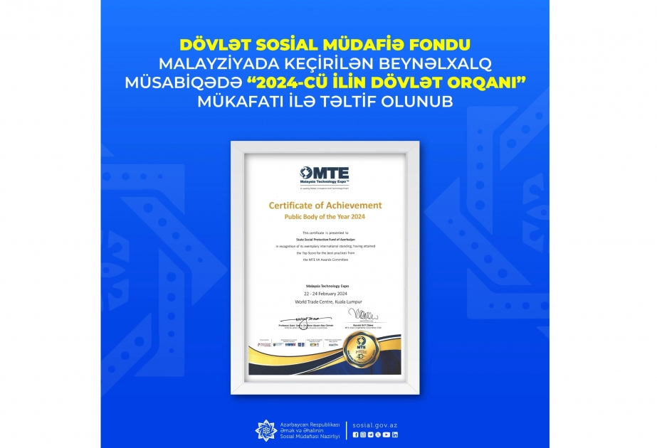 DSMF Malayziyada keçirilən beynəlxalq müsabiqədə uğur qazanaraq “2024-cü ilin Dövlət Orqanı” mükafatı ilə təltif olunub