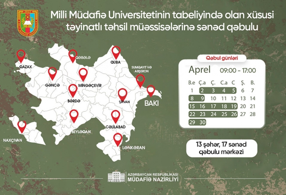 Milli Müdafiə Universiteti tabeliyində fəaliyyət göstərən xüsusi təyinatlı təhsil müəssisələrinə qəbul elan edir