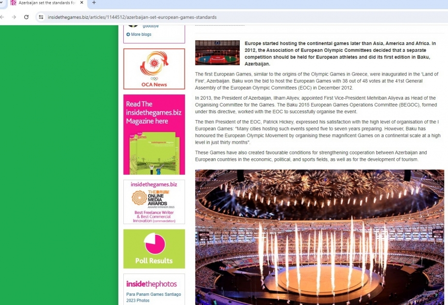 Baku 2015 European Games again in spotlight of world media: Azerbaijan set the standards for European Games