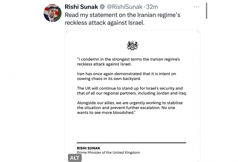 Britaniyanın Baş naziri İranın İsrailə hücumunu qınayıb
