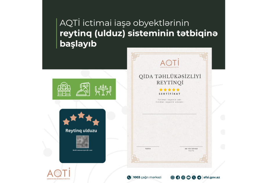 AQTİ ictimai iaşə obyektlərinin reytinq sisteminin tətbiqinə başlayıb