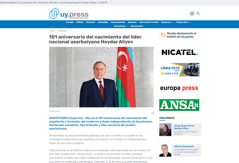 La prensa uruguaya escribe sobre el Líder Nacional del pueblo azerbaiyano