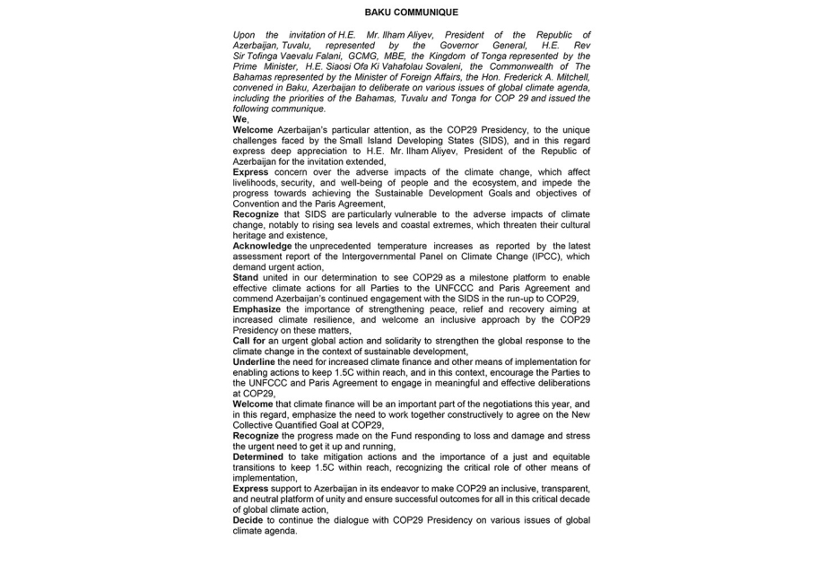 Governor-General of Tuvalu, Prime Minister of Tonga, Foreign Minister of the Commonwealth of the Bahamas adopt Baku Communique