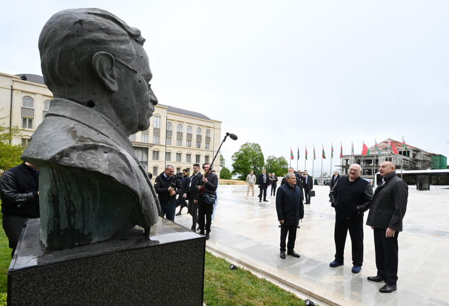 Presidents of Azerbaijan and Belarus viewed bullet-riddled monuments of Natavan, Bulbul and Uzeyir Hajibayli in Shusha