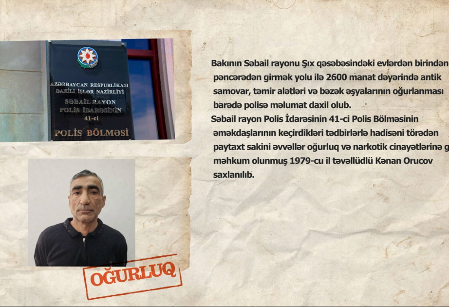 Bakıda 2600 manat dəyərində antik samovar oğurlayan şəxs saxlanılıb