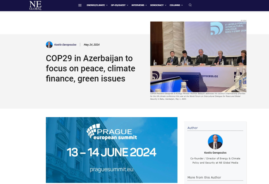 Издание NE Global: Предстоящая в Азербайджане конференция COP29 сфокусируется на вопросах мира, климатического финансирования, окружающей среды