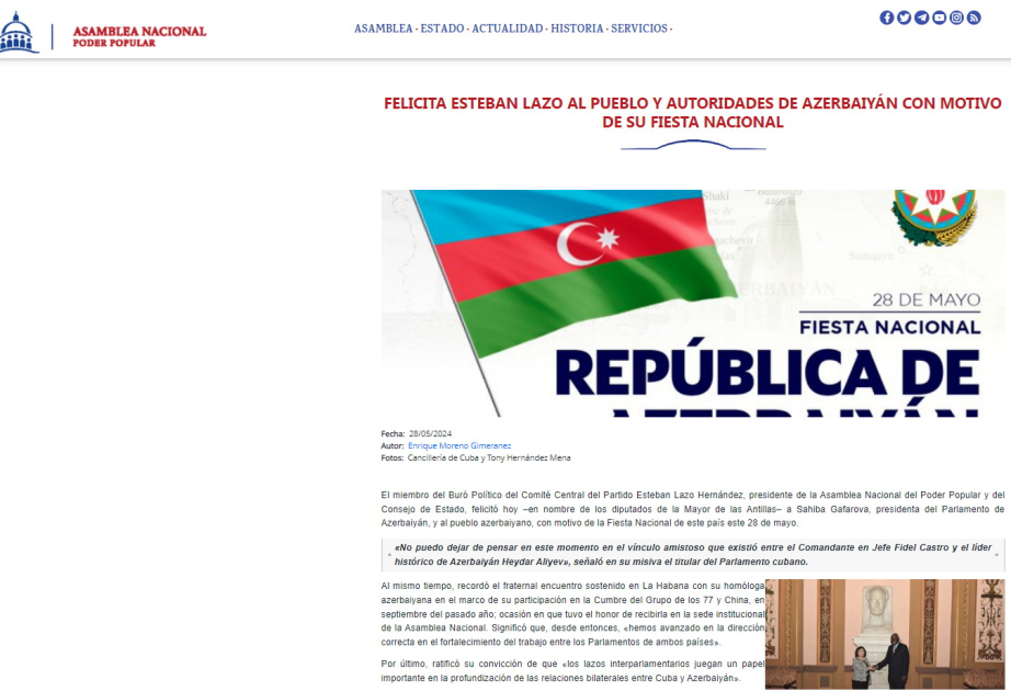 El Presidente de la Asamblea Nacional del Poder Popular de Cuba felicita al pueblo azerbaiyano