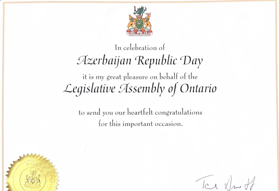 Ontario rəsmiləri Müstəqillik Günü ilə əlaqədar Azərbaycan icmasını təbrik ediblər