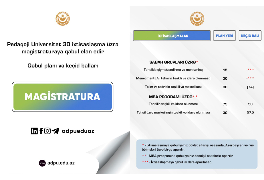 Pedaqoji Universitetin magistraturasına 30 ixtisaslaşma üzrə qəbul aparılır