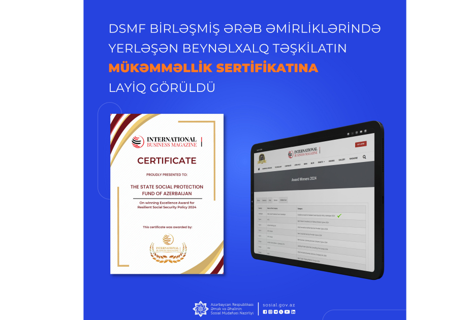 DSMF beynəlxalq təşkilatın Mükəmməllik Sertifikatına layiq görüldü