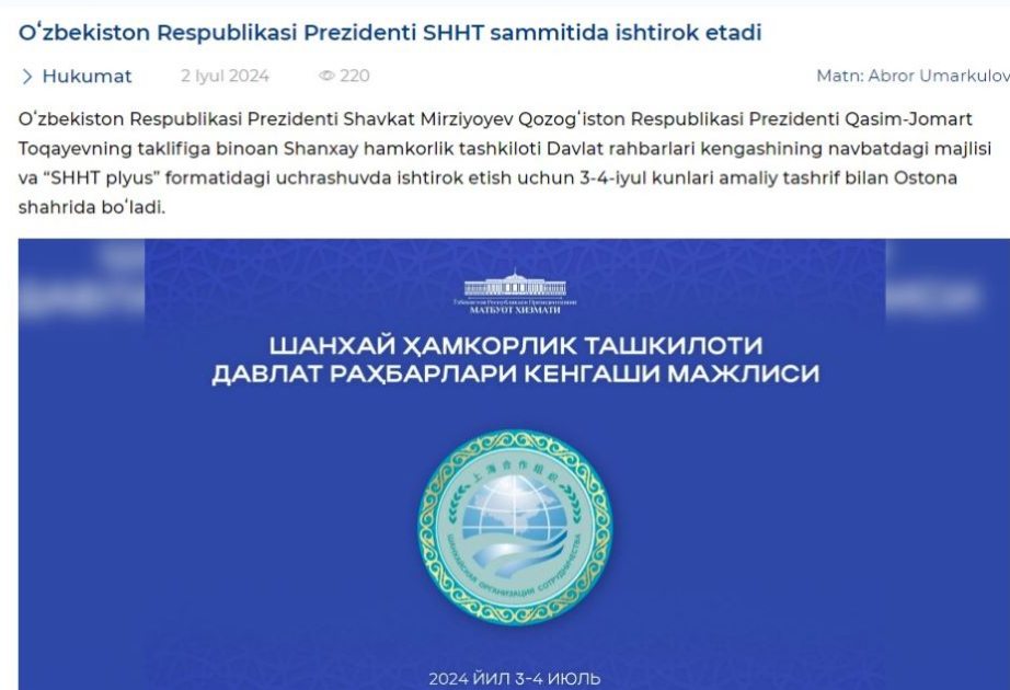 Özbəkistan Prezidenti Astanada ŞƏT-in sammitində iştirak edəcək