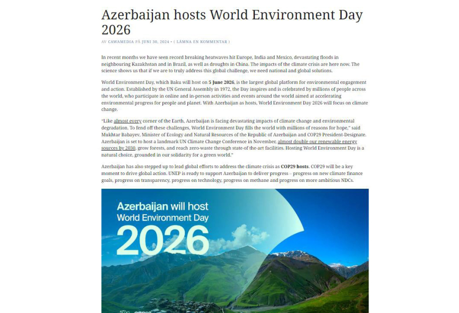 Azerbaijan’s hosting World Environment Day 2026 in spotlight of Swedish Cawa Media agency