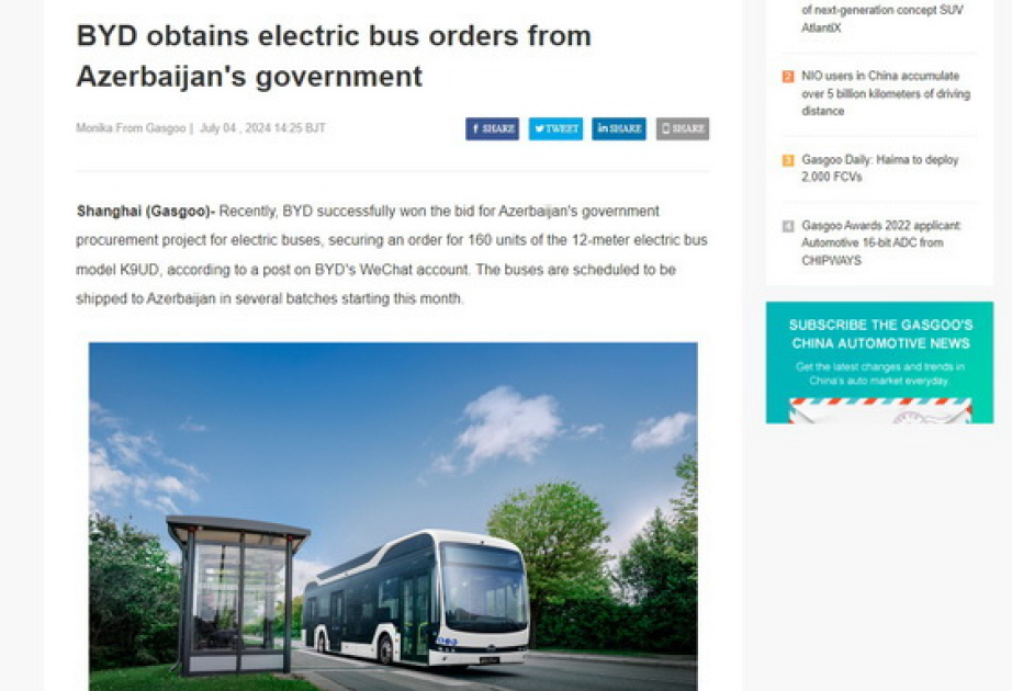 “Gasgoo” nəşri: “BYD” konqlomeratı Azərbaycana elektrik avtobusları tədarük edəcək