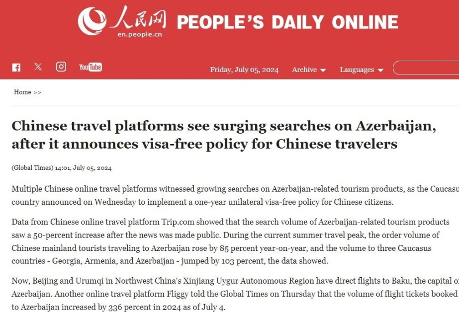 “People's Daily online”: Çin turistləri Azərbaycanı seçirlər