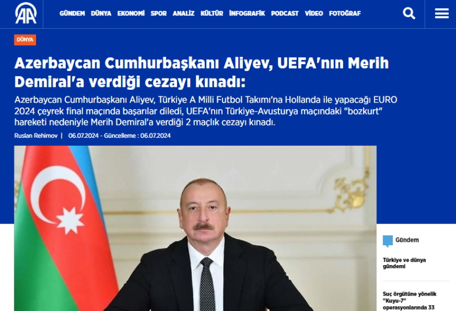 Azərbaycan Prezidentinin Türkiyə yığmasına dəstəyi qardaş ölkə mediasının diqqət mərkəzində olub