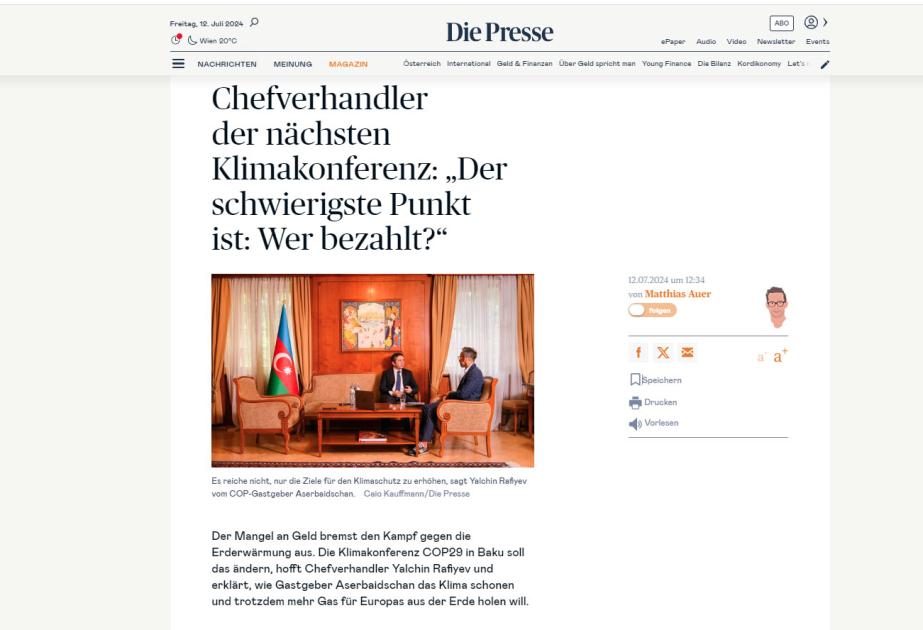 Chefverhandler der nächsten Klimakonferenz Yalchin Rafiyev im Interview mit der „Presse“