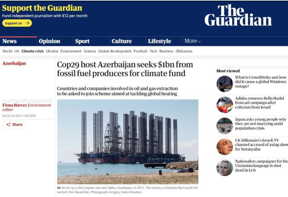The Guardian”: Azərbaycan qazıntı yanacağı istehsalçılarına qlobal istiləşmə ilə mübarizəyə qoşulmağı təklif edir