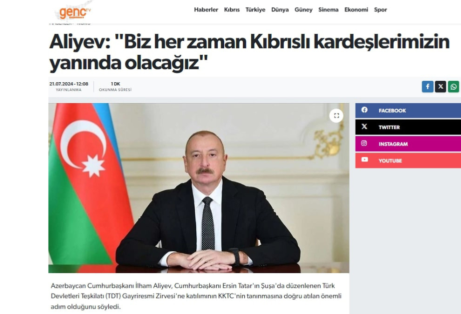 СМИ Северного Кипра широко осветили выступление Президента Ильхама Алиева в Шуше