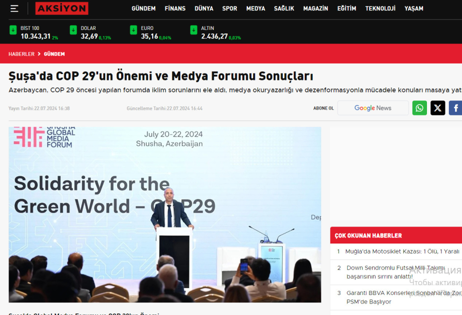 Türkiyə mətbuatı Şuşada keçirilən Media Forumu çərçivəsində COP29 təqdimatı barədə yazıb