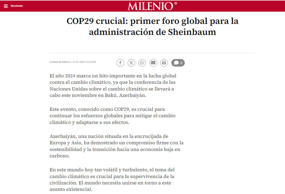 Meksika mətbuatı Azərbaycanın ev sahibliyi edəcəyi COP29 tədbirindən bəhs edib