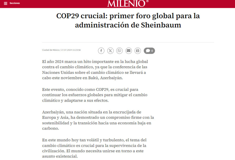 La prensa mexicana escribe sobre la COP29 a celebrarse en Azerbaiyán