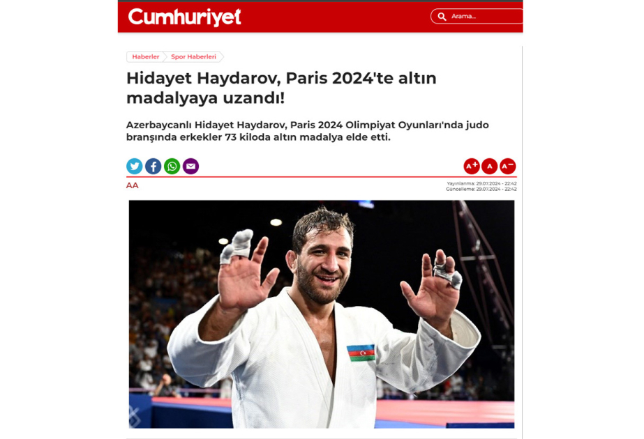 Türkiyə mətbuatı Paris Olimpiya Oyunlarında Azərbaycanın ilk qızıl medalı xəbərini geniş işıqlandırıb