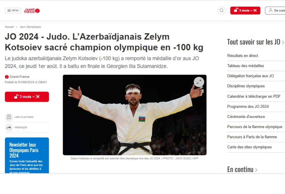 Fransa mətbuatı azərbaycanlı idmançıların “Paris-2024”də uğurlu çıxışlarından yazıb