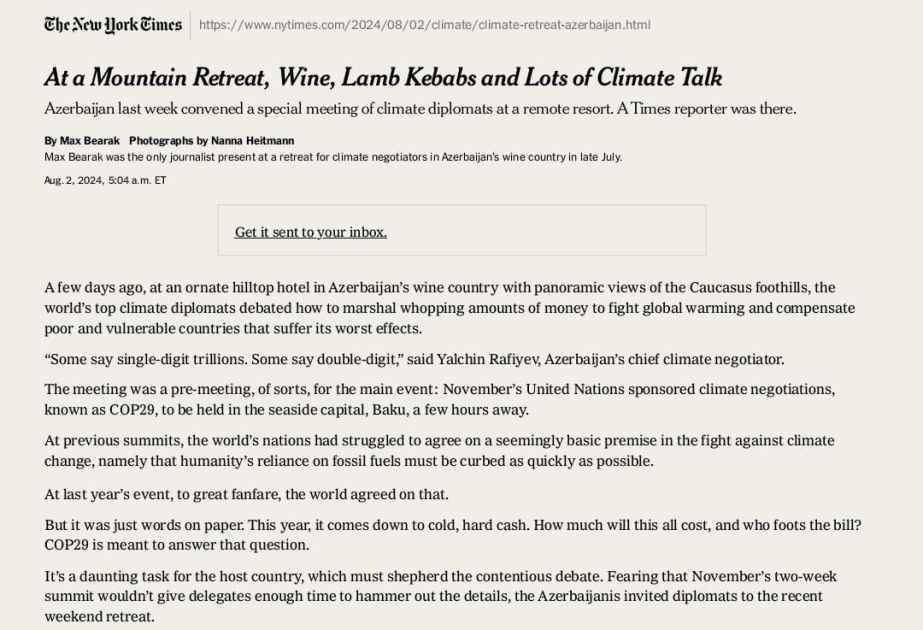 “New York Times”da Azərbaycanın COP29-a Sədrliyinə həsr olunmuş məqalə dərc edilib