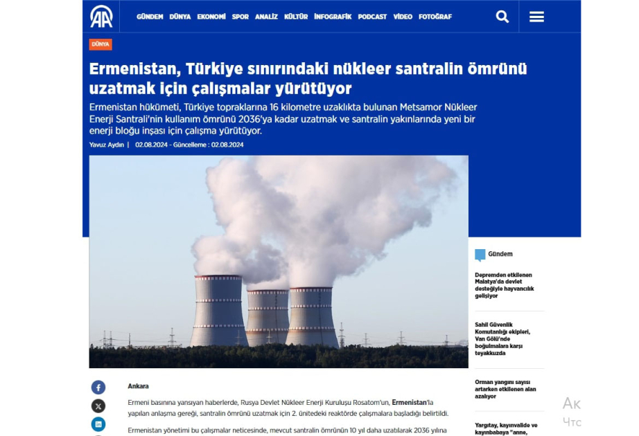 Media: Metsamor AES Türkiyə üçün nüvə təhlükəsidir