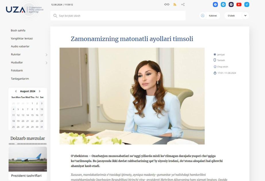 Uzbekistani media publishes article dedicated to First Lady Mehriban Aliyeva