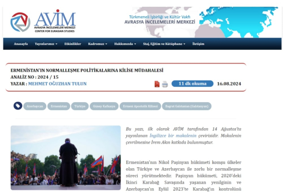 Türkiyəli ekspert: Erməni kilsəsi Türkiyə və Azərbaycana münasibətdə yeni problemlərə zəmin yaradır