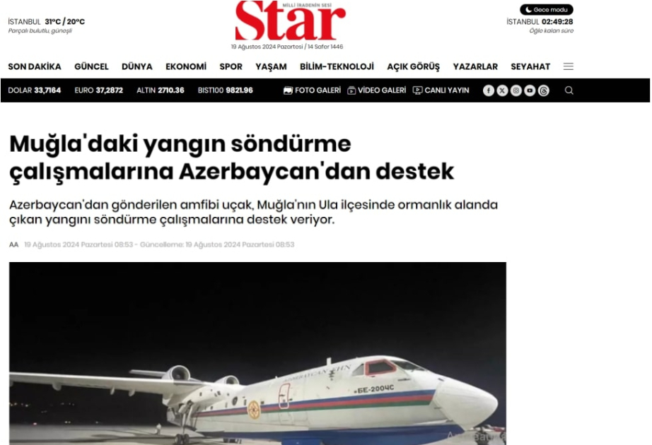 Türkiyə mətbuatı meşə yanğınlarının söndürülməsində Azərbaycanın iştirakını geniş işıqlandırır