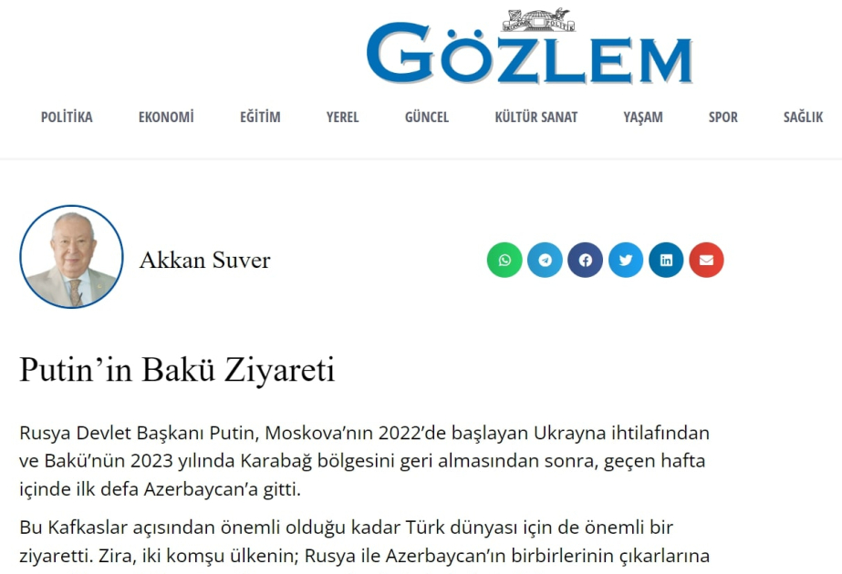 Akkan Suver: Putinin Bakıya səfəri Azərbaycanın uğurlu balanslaşdırılmış xarici siyasətinə hörmət və etimadın əlamətidir
