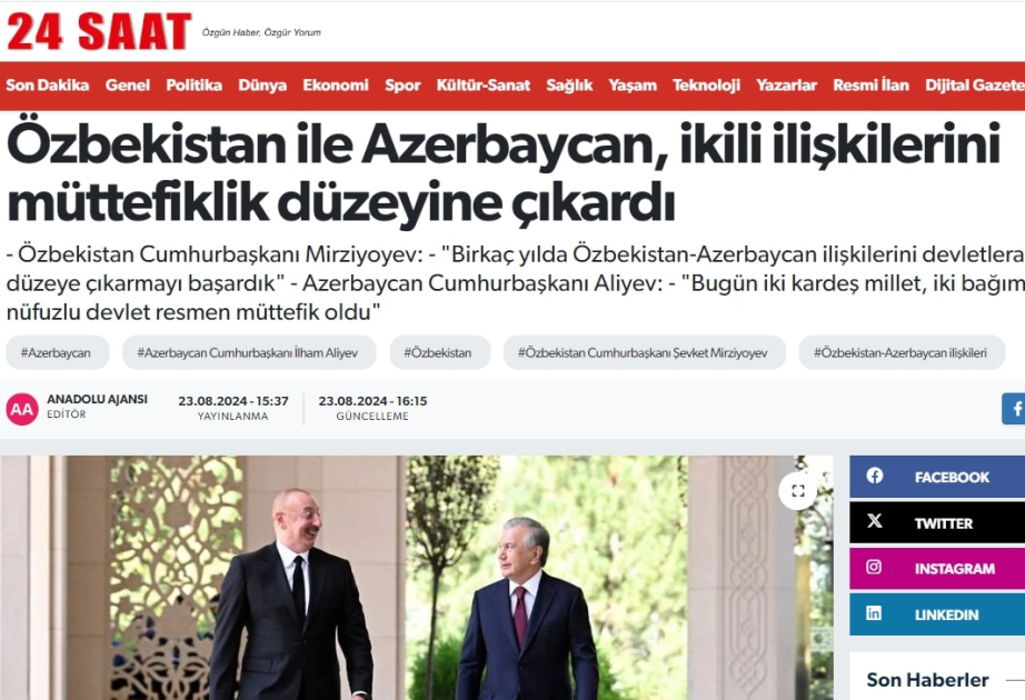 Türkiyə mediası: Azərbaycan və Özbəkistan münasibətləri müttəfiqlik səviyyəsinə yüksəlib