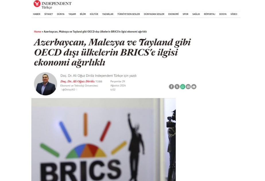 Türkiyəli ekspert:Azərbaycanın BRICS-ə qoşulmaq üçün müraciəti dünyada bu platformaya marağı artırıb